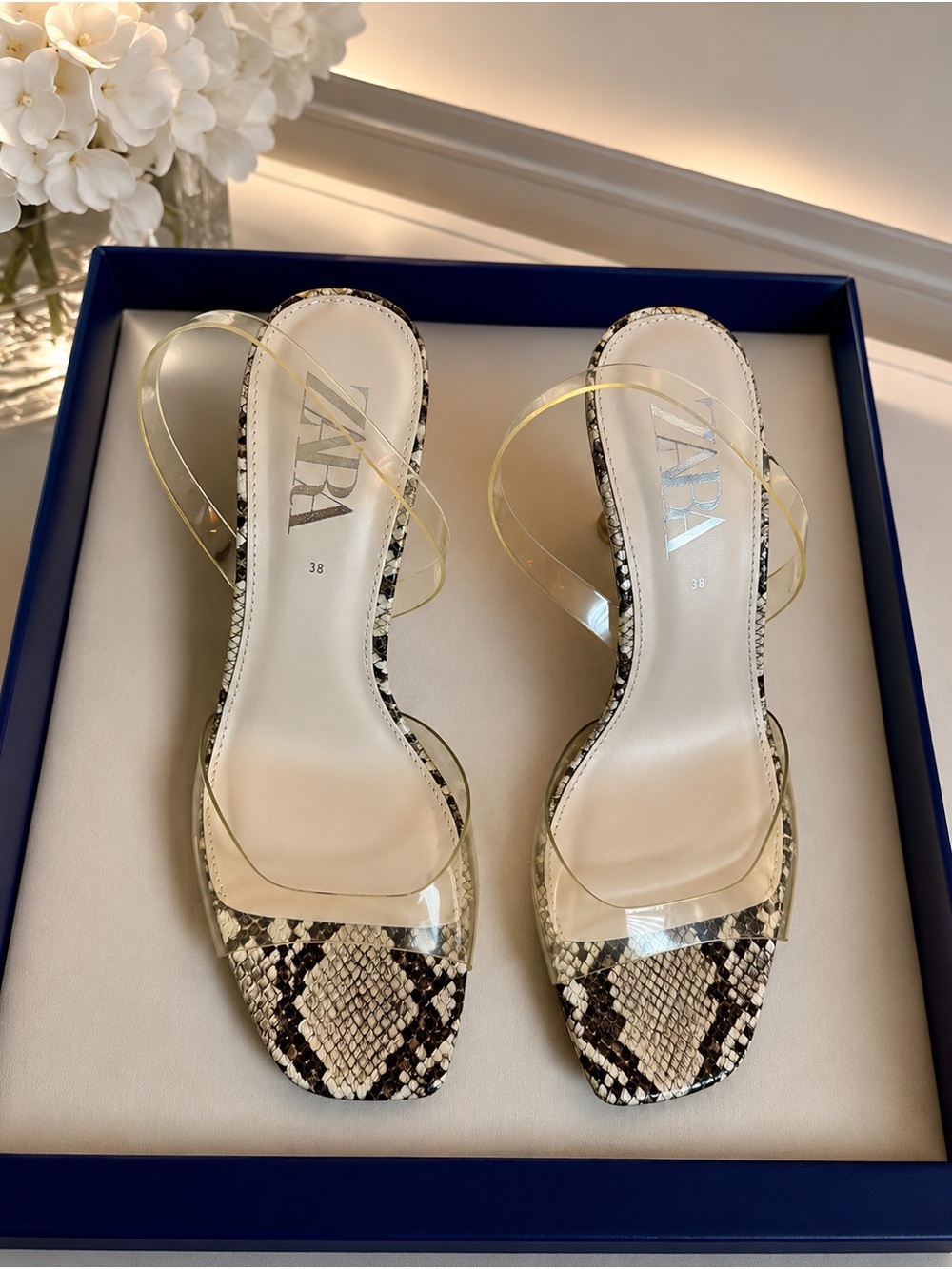 ZARA Clear-Strap Snake-Print Slide Sandals in Beige and Black